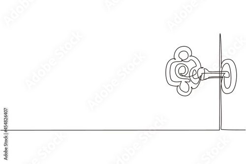 Single one line drawing old key in keyhole on white background. Concept, symbol and idea for history, business, security. Sale and purchase concept. Modern continuous line draw design graphic vector