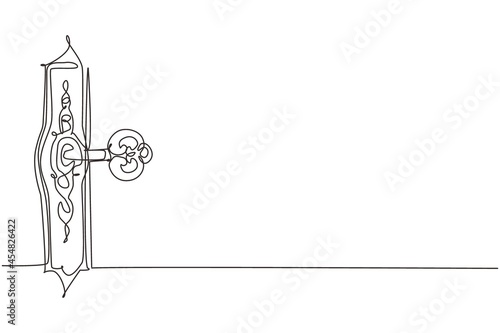 Continuous one line drawing old key in keyhole. Gothic style. Key to knowledge. Concept and Idea for history, education, business, security, white background. Single line draw design vector graphic
