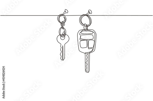 Single continuous line drawing car and house keys hanging on wall. Security key property. Real Estate concept, template for sales, rental, advertising. Dynamic one line draw graphic design vector