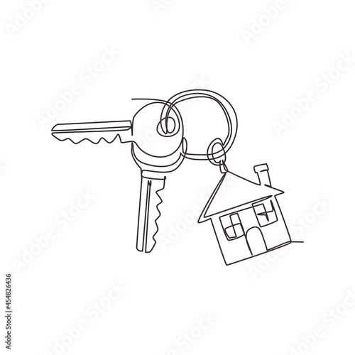Single continuous line drawing keychain with key ring, two keys and a pendant house locket. Key chain with house with locket vector icon. Dynamic one line draw graphic design vector illustration