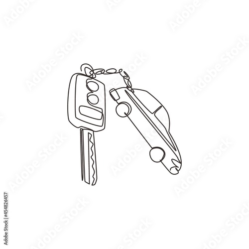 Single one line drawing key car and key ring over the metallic table. Clipping path included. Electronic car key front and back view and alarm system. Modern continuous line draw design graphic vector