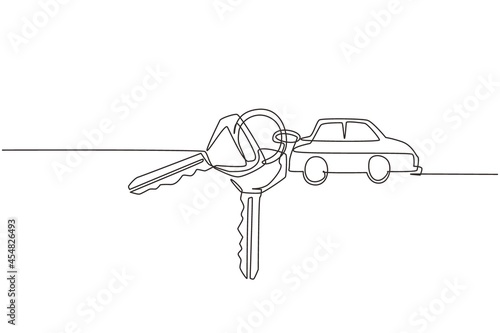 Single one line drawing keys with car shaped key holders. Keychain with key ring, two keys and pendant car locket. Keychain with car with locket vector icon. Continuous line draw design graphic vector