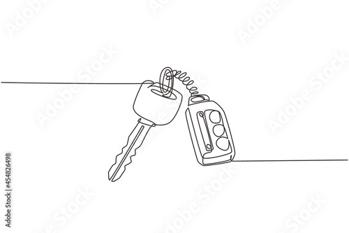Continuous one line drawing realistic car keys black color isolated on white background. Set of electronic car key front and back view and alarm system. Single line design vector graphic illustration