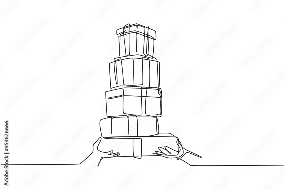 Single continuous line drawing faceless millennial lady carrying pile of wrapped gifts box on white background. Young woman holding huge stack New Year presents. One line draw graphic design vector Single continuous line drawing faceless millennial lady carrying pile of wrapped gifts box on white background. Young woman holding huge stack New Year presents. One line draw graphic design vector