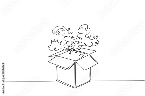 Single continuous line drawing open gift box and confetti. Enter to win prizes. Present package with bursting elements, surprise inside, birthday. One line draw graphic design vector illustration