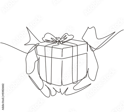 Single one line drawing woman holding small present box in hands. Romantic surprise for friends. Birthday presents cardboard box with ribbon. Continuous line draw design graphic vector illustration