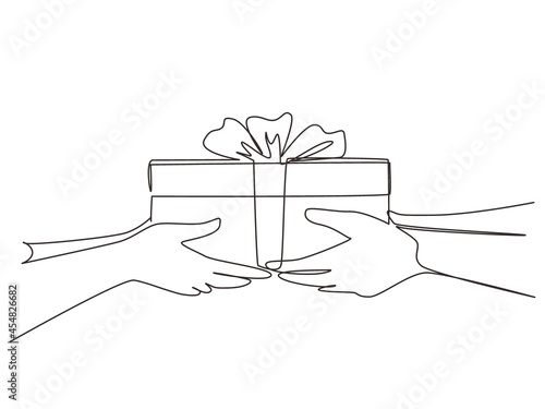 Single continuous line drawing couple holding packaged present together. Romantic surprise gift box. Birthday presents cardboard box with ribbon. One line draw graphic design vector illustration