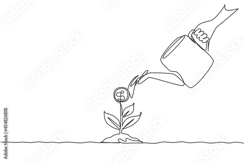 Continuous one line drawing hand holding watering can watering money plant at ground. Hand of businessman who pours money tree. Concept of earnings, success, money. Single line draw design vector