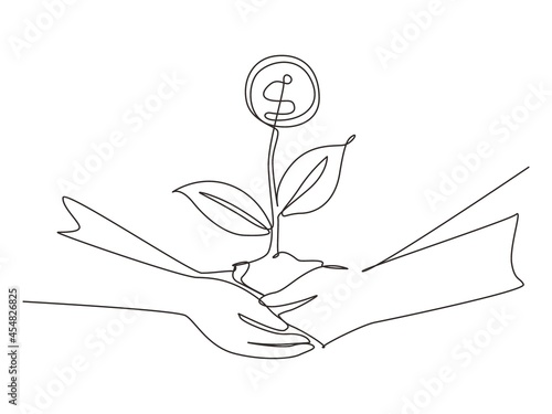 Single one line drawing two hands holding young money plant together. Money tree investment growth income interest savings economy. Modern continuous line draw design graphic vector illustration