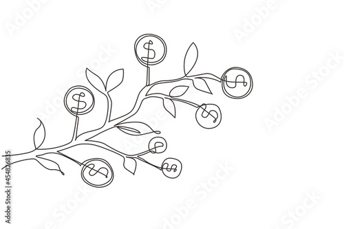 Continuous one line drawing dollar symbol hanging from tree branch. Money tree. Green cash banknotes with golden coins. Concept for return money investment. Single line draw design vector illustration