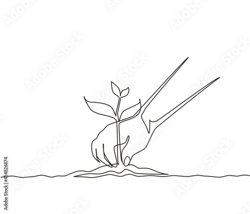 Single continuous line drawing young woman planting a tree in the garden. Ecology concept. The spring planting. Early seedlings grown from seeds. Agriculture. Earth day. Dynamic one line draw graphic