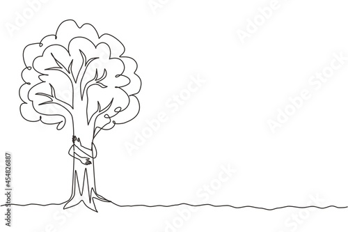 Single one line drawing man hugging tree in park. Symbol of loving plants and the environment. Agriculture. Earth day, ecology concept. Modern continuous line draw design graphic vector illustration