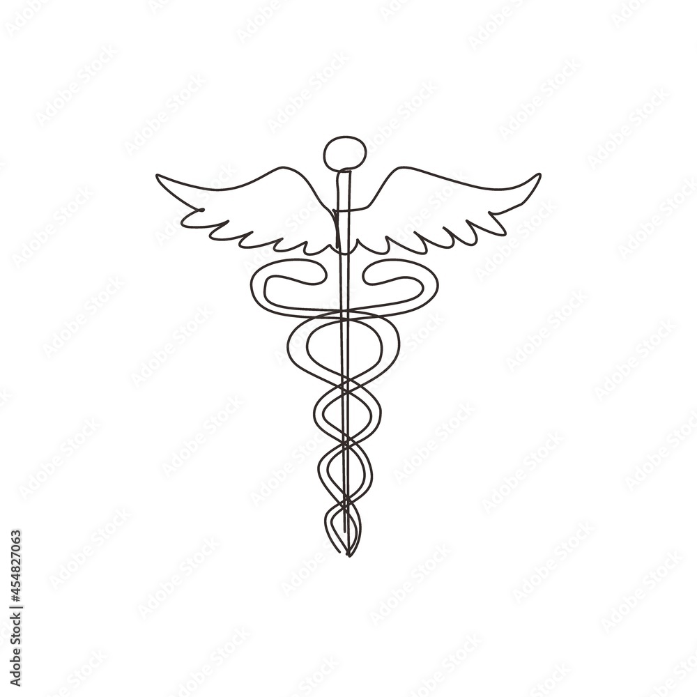 Single continuous line drawing caduceus, medical center, pharmacy, hospital with popular symbol of medicine. Medical health care icon logo. Dynamic one line draw graphic design vector illustration