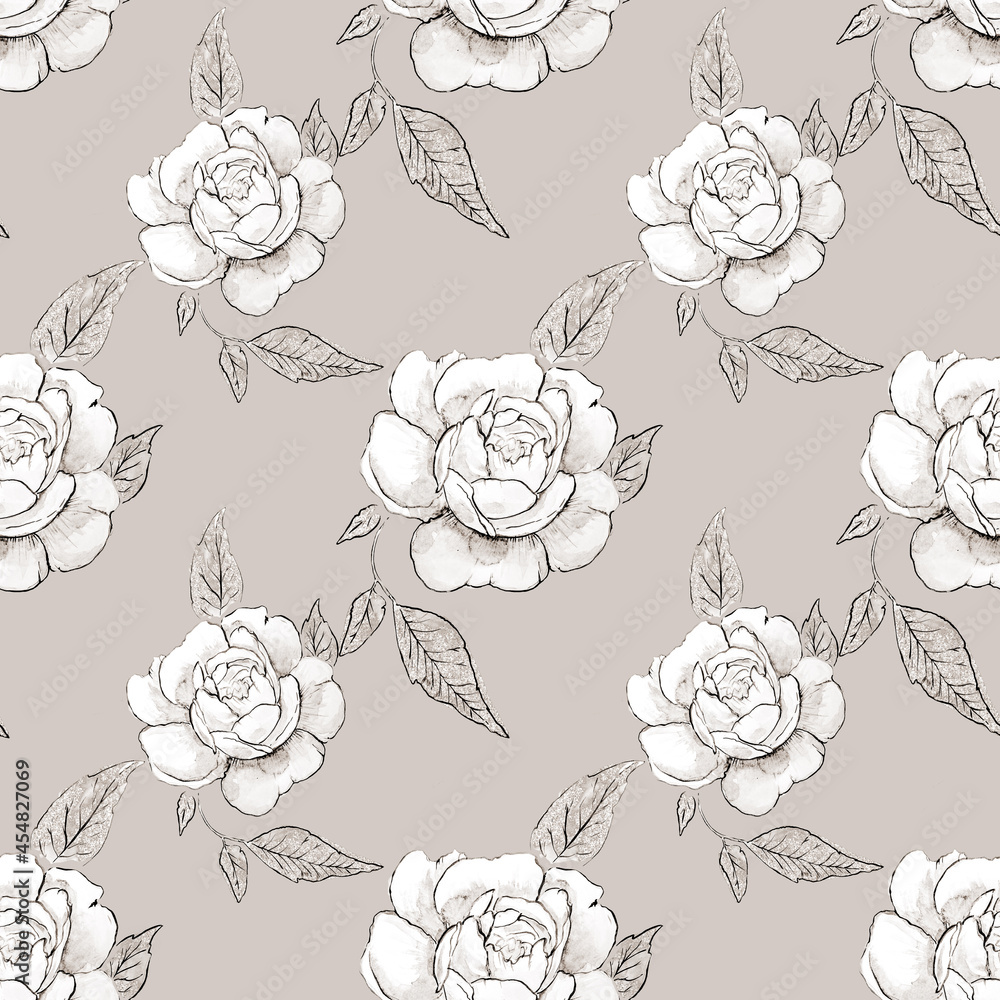 Seamless background with white rose doodles, beige background. Luxury pattern for creating textiles, wallpaper, paper. Vintage. Romantic floral Illustration