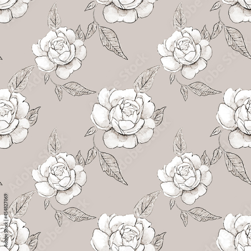 Fototapeta Naklejka Na Ścianę i Meble -  Seamless background with white rose doodles, beige background. Luxury pattern for creating textiles, wallpaper, paper. Vintage. Romantic floral Illustration