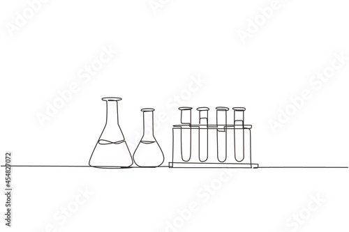 Single one line drawing chemical research laboratory equipment. Chemistry laboratory glassware. Graduated lab test tube, beaker, flask. Modern continuous line draw design graphic vector illustration