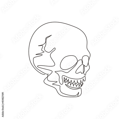 Single one line drawing graphical skulls isolated on white background. Anatomy face halloween horror vector elements. Engraved human skull with closed jaw. Continuous line draw design graphic vector