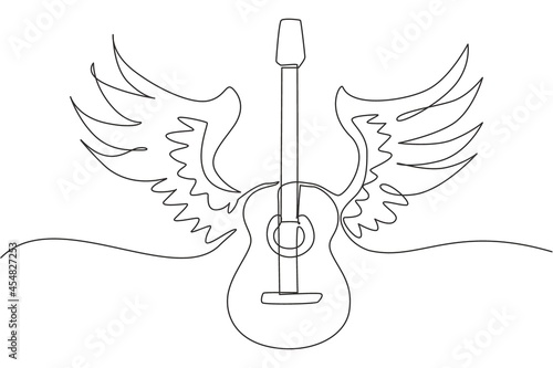 Single one line drawing stylized acoustic guitar with angel wings. Black and white illustration musical instrument. Rock concert. Musical emblem. Modern continuous line draw design graphic vector
