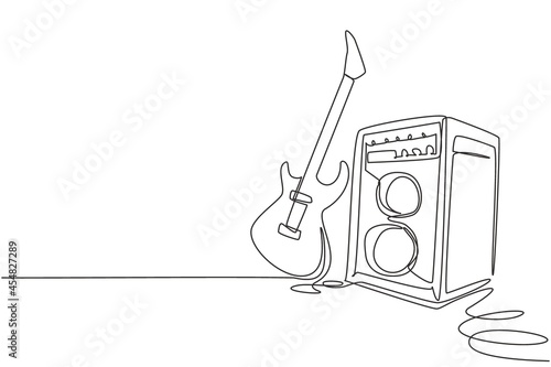 Single continuous line drawing electric guitar with amplifier. Rock music illuminated stage background with microphone electric guitar and speakers. One line draw graphic design vector illustration