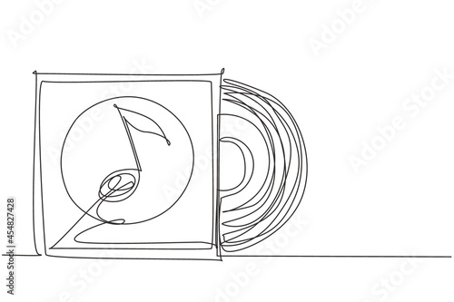 Continuous one line drawing Realistic vinyl record with cover mockup. Typography with headphones and sound wave. Music collection. Front view. Single line draw design vector graphic illustration