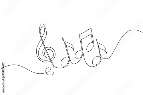 Continuous one line drawing music notes on stave. Musical symbol in one linear minimalist style. Trendy abstract wave melody. Vector outline sketch sound. Single line draw design graphic illustration