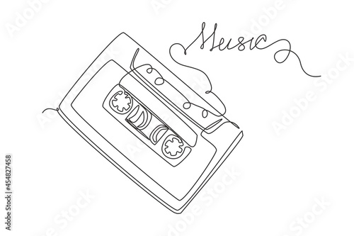Continuous one line drawing music slogan with cassette tape illustration. Retro compact tape cassette. Vintage red audio cassette tape in doodle style isolated on white. Single line draw design vector