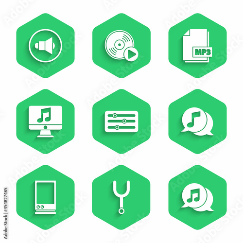 Set Sound mixer controller, Musical tuning fork, note speech bubble, Voice assistant, Computer with music, MP3 file document and Speaker volume icon. Vector