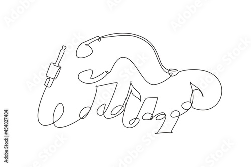 Single one line drawing earphones earbud type white color and music note symbol made from cable isolated on gradient background with copy space. Continuous line draw design graphic vector illustration
