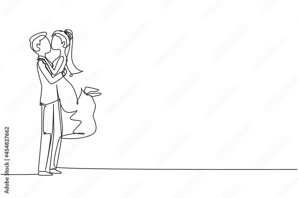 Continuous one line drawing romantic married female in love kissing on lap  male wearing wedding dress. Man carrying a woman in wedding celebration.  Single line draw design vector graphic illustration 8721494 Vector