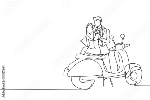 Single one line drawing married couple with wedding dress. Wife and husband with scooter, amorous relationship. Romantic road trip, journey. Continuous line draw design graphic vector illustration