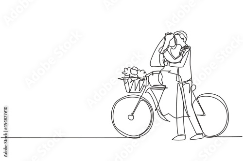 Single continuous line drawing loving married couple sitting on bicycle and kissing. Romantic human relation, love story, newlywed family in honeymoon. One line draw graphic design vector illustration