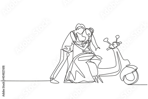 Single one line drawing scooter, adventure, ride concept. Family married couple travel by scooter. Happy man and woman ride motorcycle with wedding dress. Continuous line draw design graphic vector