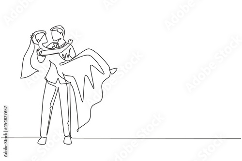 Continuous one line drawing romantic married female in love kissing on lap male wearing wedding dress. Man carrying a woman in wedding celebration. Single line draw design vector graphic illustration
