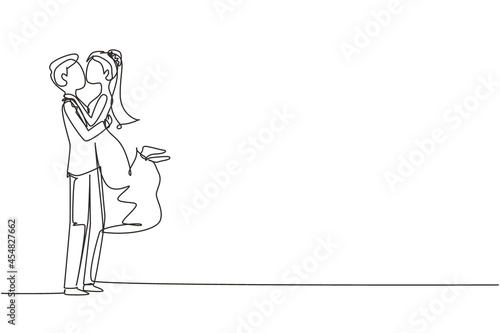 Continuous one line drawing romantic married couple in love kissing and hugging with wedding dress. Man carrying a woman in wedding celebration. Single line draw design vector graphic illustration