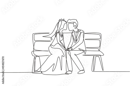 Single continuous line drawing happy man and woman face to face sitting on park bench and kissing with wedding dress. Romantic married couple dating in spring. One line draw graphic design vector