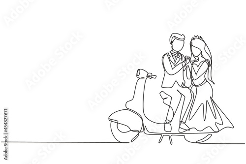 Single one line drawing married riders couple trip travel relax. Romantic honeymoon moments sitting and talking on motorcycle. Man with woman riding scooter. Continuous line draw design graphic vector