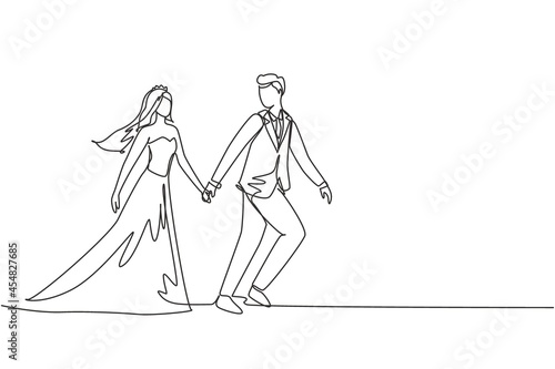 Single one line drawing happy man pulled woman hand with wedding party. Romantic couple walking on romantic honeymoon promenade holiday. Summer vacation. Continuous line draw design graphic vector