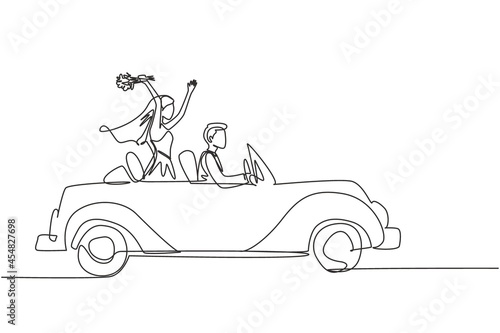 Single one line drawing newly married couple groom in vehicle. Happy man and woman riding wedding car. Married couple romantic relationship. Continuous line draw design graphic vector illustration