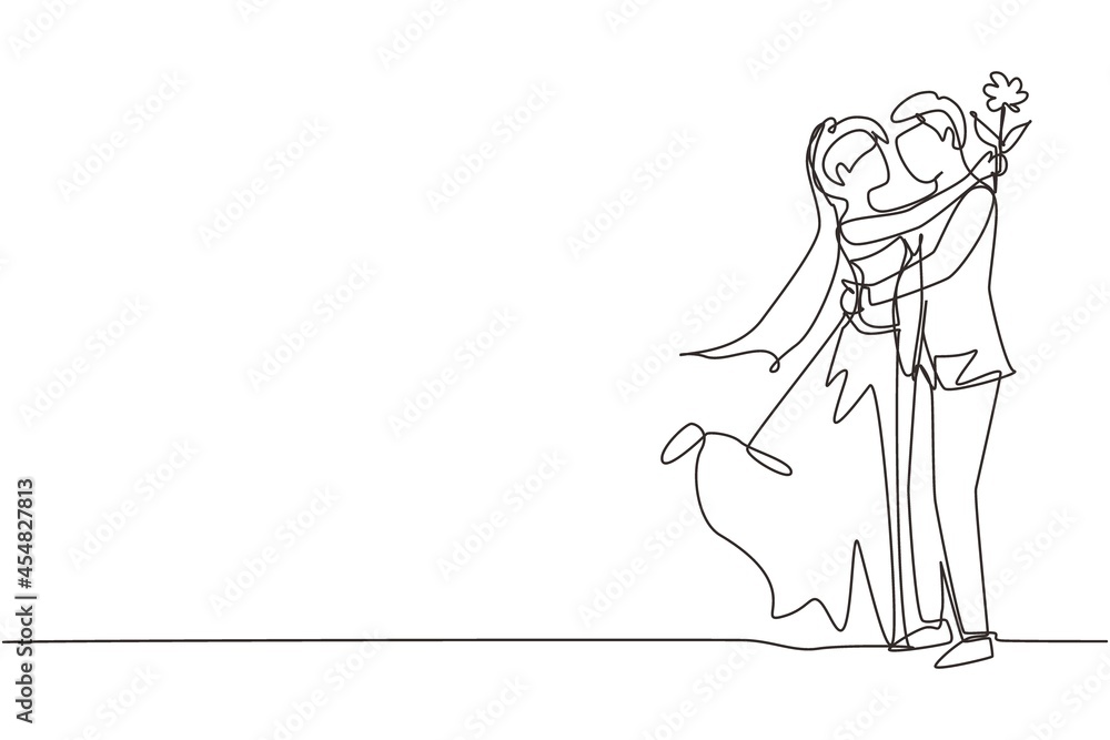 Single continuous line drawing romantic boy giving rose flower to girl wearing wedding dress. Happy couple getting ready for wedding. Engagement and love relation. One line draw graphic design vector Single continuous line drawing romantic boy giving rose flower to girl wearing wedding dress. Happy couple getting ready for wedding. Engagement and love relation. One line draw graphic design vector