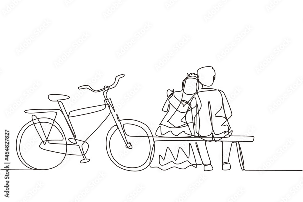 Single one line drawing romantic married couple chatting while sitting on bench. Happy man with suit and woman with wedding dress riding bike. Continuous line draw design graphic vector illustration Single one line drawing romantic married couple chatting while sitting on bench. Happy man with suit and woman with wedding dress riding bike. Continuous line draw design graphic vector illustration