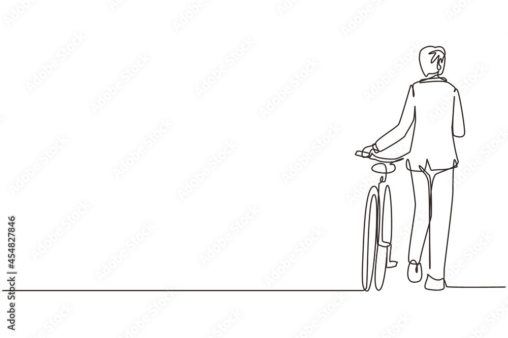 Single continuous line drawing back view walking young male wearing suit with bicycle. Man take a walk with bicycle at city road. Healthy lifestyle of urban people. One line draw graphic design vector Single continuous line drawing back view walking young male wearing suit with bicycle. Man take a walk with bicycle at city road. Healthy lifestyle of urban people. One line draw graphic design vector