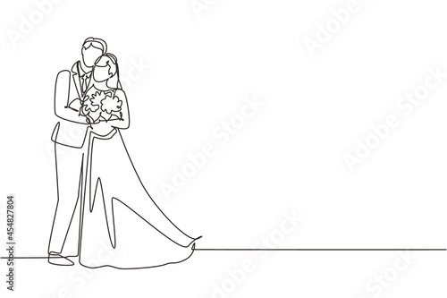 Single one line drawing man gives flowers to woman and hug her. Man giving to woman bouquet of flowers in wedding day. Happy romantic married couple in love. Continuous line draw design graphic vector