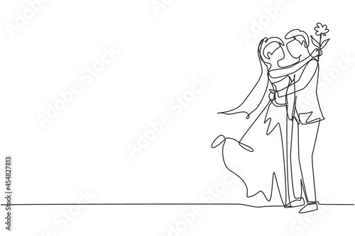 Single continuous line drawing romantic boy giving rose flower to girl wearing wedding dress. Happy couple getting ready for wedding. Engagement and love relation. One line draw graphic design vector