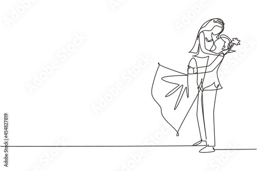 Single continuous line drawing man lift up woman wearing wedding dress with rose flower. Boy surprises his girl and giving flowers. Engagement and love relation. One line draw graphic design vector