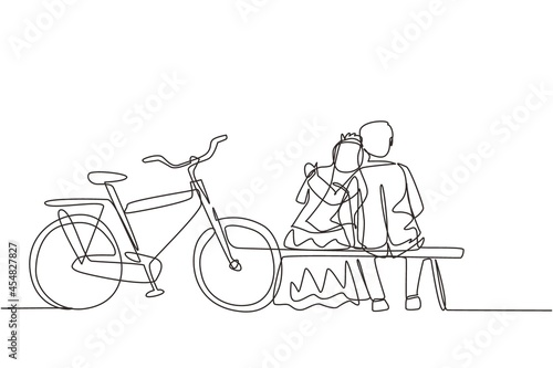 Single one line drawing romantic married couple chatting while sitting on bench. Happy man with suit and woman with wedding dress riding bike. Continuous line draw design graphic vector illustration
