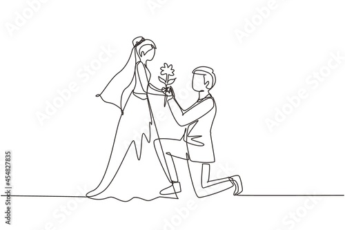 Continuous one line drawing man on knee gives flowers to woman. Young guy giving to girl rose flower in wedding day. Happy romantic couple in love. Single line draw design vector graphic illustration