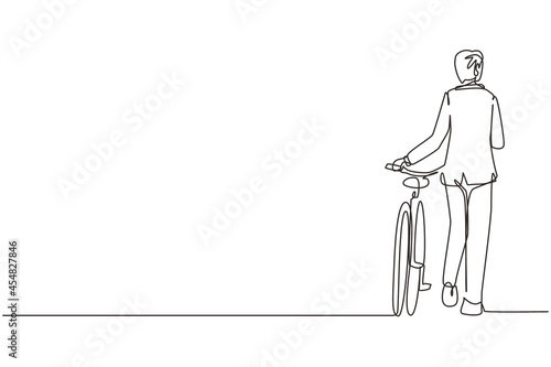 Single continuous line drawing back view walking young male wearing suit with bicycle. Man take a walk with bicycle at city road. Healthy lifestyle of urban people. One line draw graphic design vector