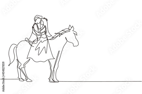 Single one line drawing married couple riding horses face to face with wedding dress. Man making proposal marriage to woman. Engagement and love relation. Continuous line draw design graphic vector