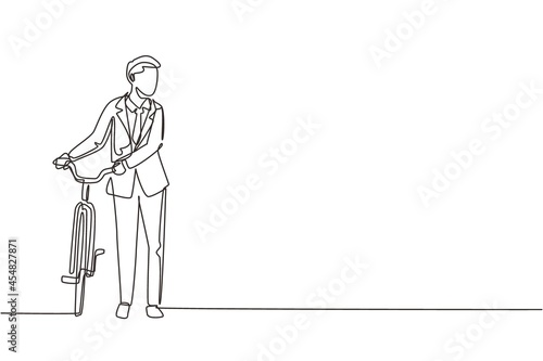 Single one line drawing cheerful young boy wearing suit with bicycles. Happy guy take walk with bicycle at city road. Healthy lifestyle concept. Continuous line draw design graphic vector illustration