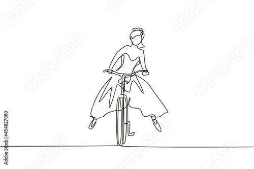 Single continuous line drawing happy young woman wearing wedding dress going to wedding celebration riding bicycle. Ecological, healthy vehicle of transportation. One line draw graphic design vector